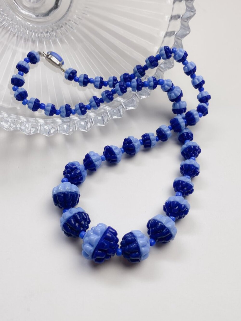 Czechoslovakia Signed Czech Glass Periwinkle + Navy Blue Ball Beaded Necklace